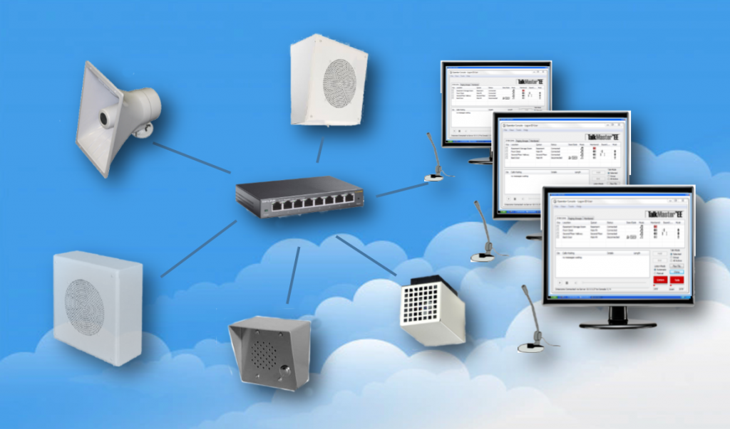 IP paging system with network-connected ceiling speakers and software dashboard installed in a modern Texas office building by Nexlar Security