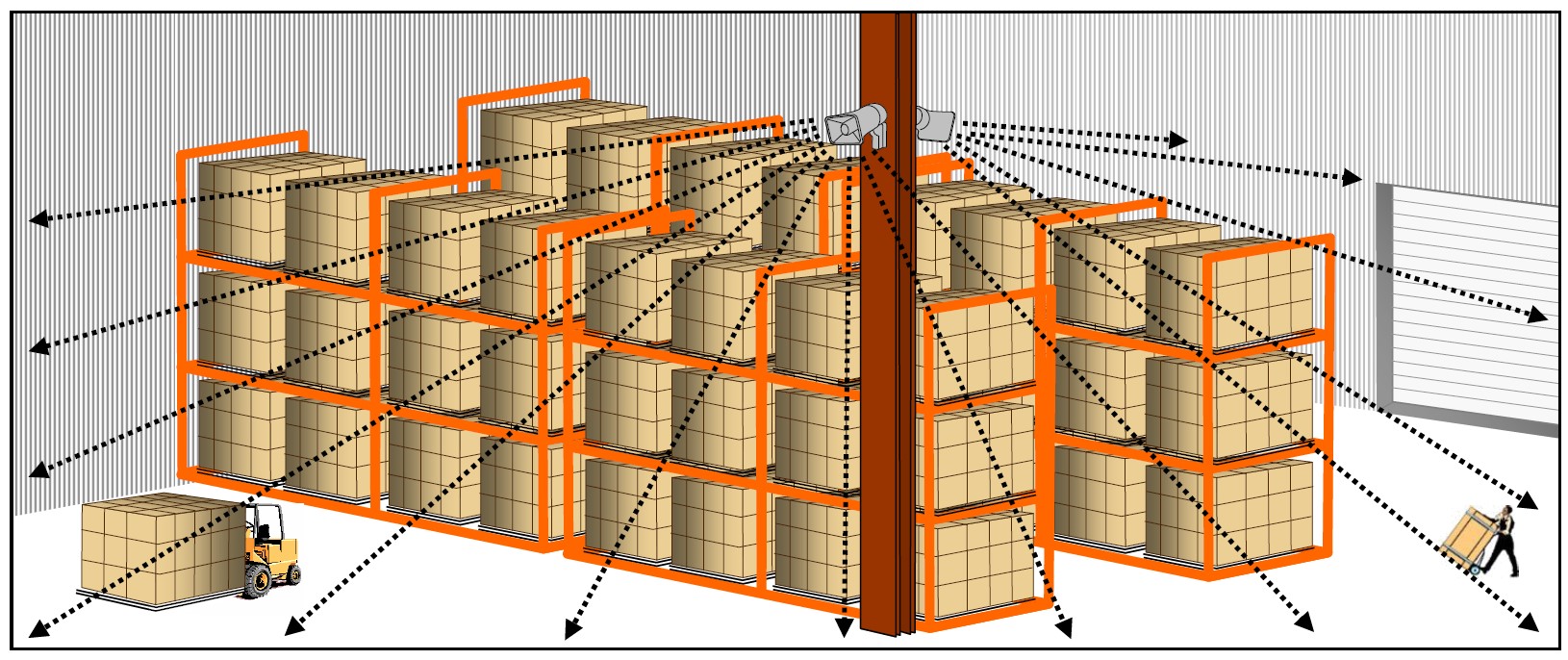 Industrial paging system horn speaker mounted on a warehouse ceiling beam in a Texas distribution center with high ambient noise environment